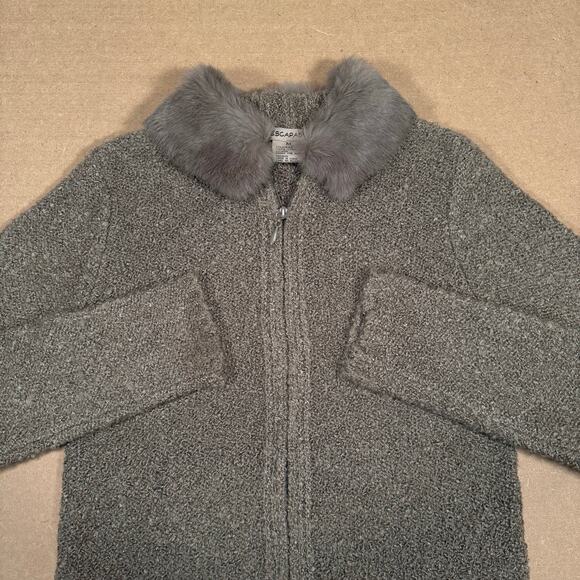 Vintage 90s Gray Bouclé Knit Sweater Jacket Faux Fur Collar Zip Front Women M - Picture 3 of 6